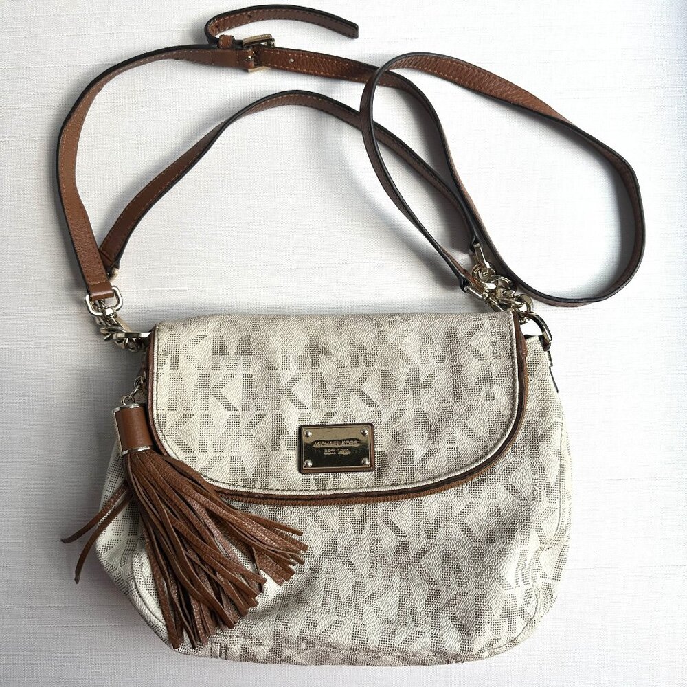 Michael Kors Bradford Crossbody MK Logo Flap Bag Beige/Brown Adjustable Strap